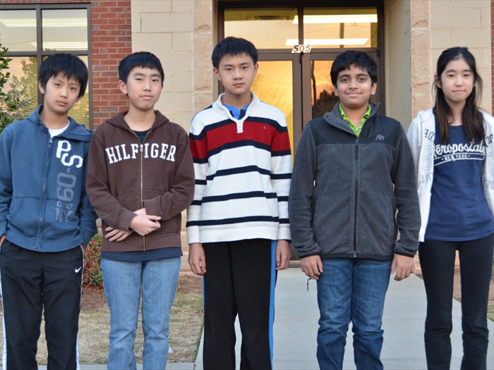 2012 State Mathcounts Honoral Mentioned: <br/>George Hu (1st Left), Sue Kim (1st Right) <br/>Mathcounts Chapter Winner: Tony Zeng (middle), Kyle Qian (2nd Left)