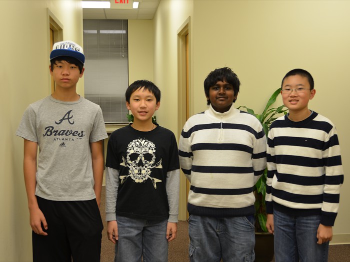 2012 Chapter Mathcounts Winners and State Mathcounts Honoral Mentioned: <br/>Pranay Vemulamada (2nd Right), Kevin Xiang (2nd Left), Andrew Fu (Right)