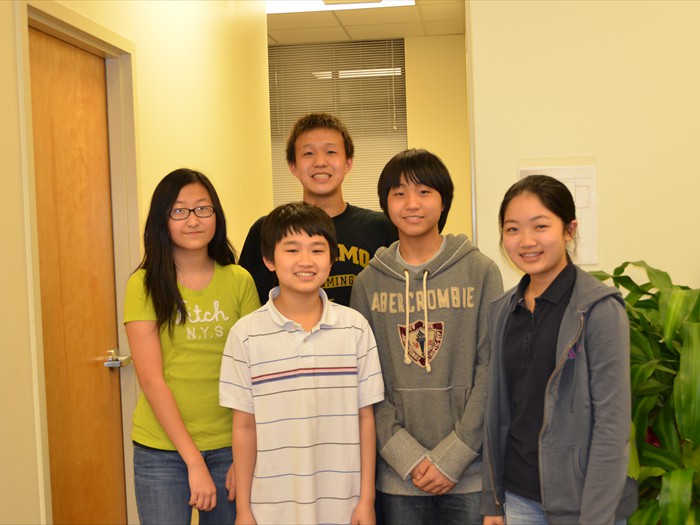 2012 State Mathcounts Honoral Mentioned: <br/>Derek Wu (Back), Albert Kim (2nd Right), Robert Liu (2nd Front)<br/>Mathcounts Chapter Winner: Tracy Du (1st Right)