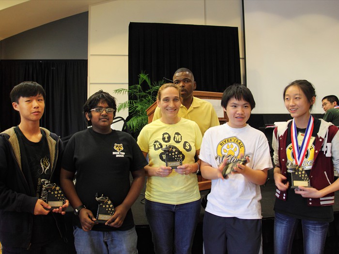 2012 State Mathcounts First Place Team Winners:<br/>Alice Lin (1st Right), Joseph Pang (2nd Right), Pranay Vemulamada (2nd Left)