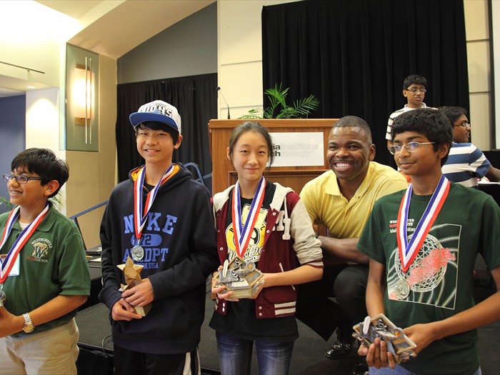 2012 State Mathcounts Top 4 Winners, National Finalists: <br/>Derek Tang (Left 2): First Place; Alice Lin (Left 3): Second Place